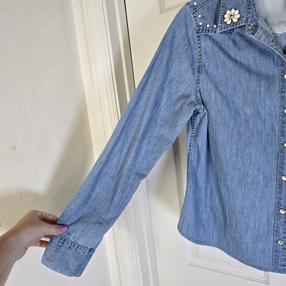 Embellished Denim Snap Frint Womens Long Sleeve Shirt 10 - Picture 2 of 9